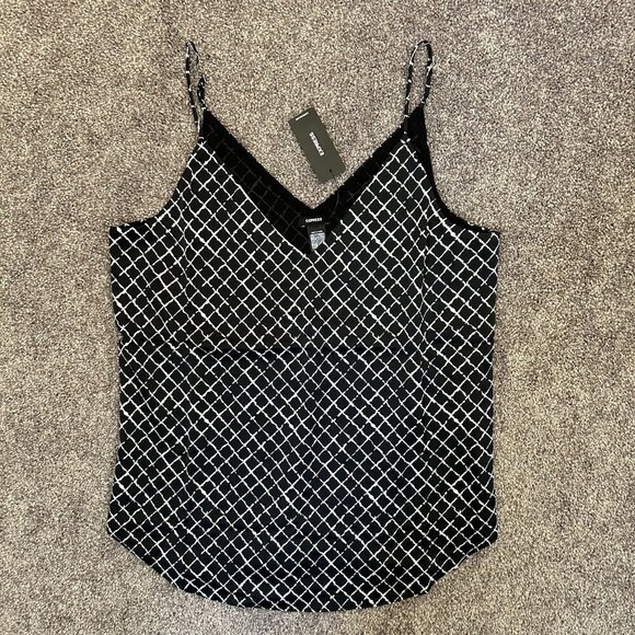 Express Women’s Printed V-Neck Downtown Cami Black Print Size XS NWT $44 - Picture 6 of 16